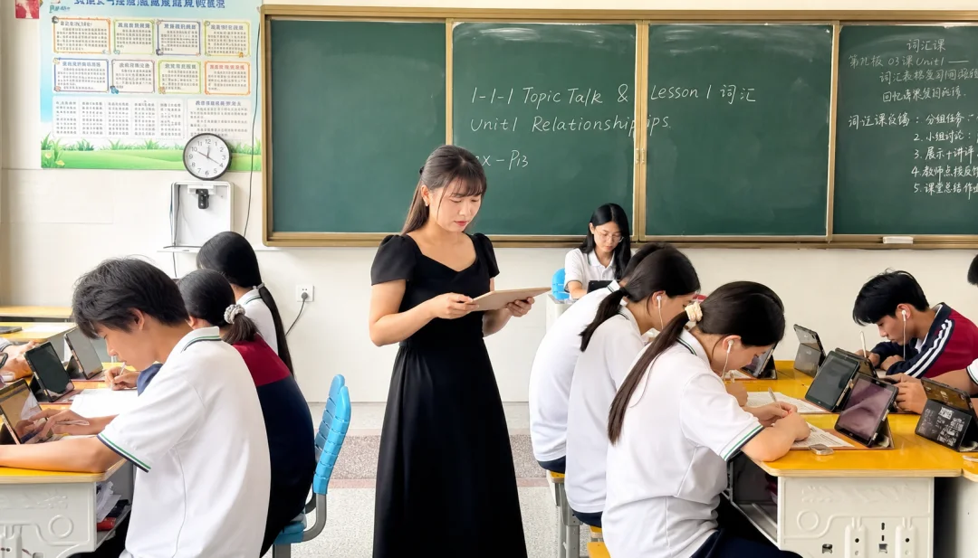 新蔡蓝天英语教师杨月红在课堂中指导学生