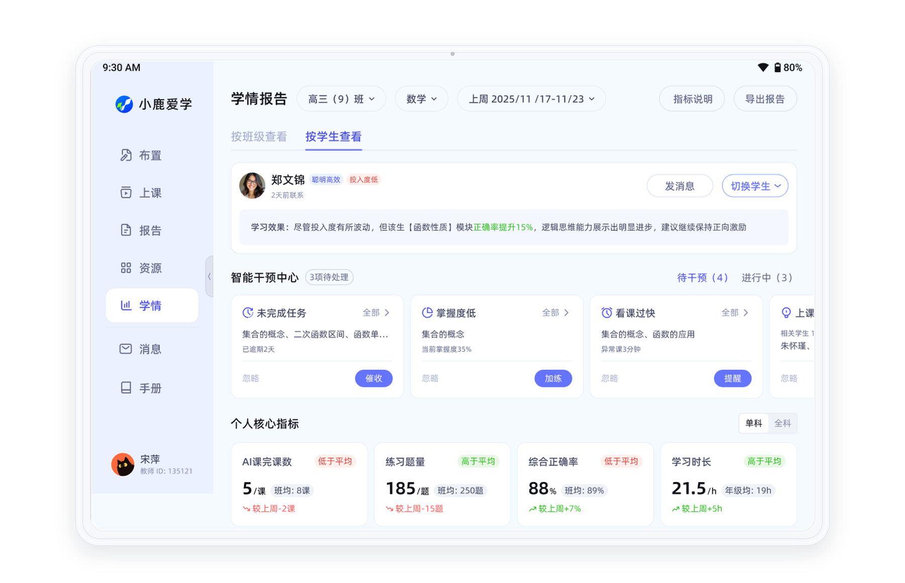小鹿爱学教师端学情报告界面